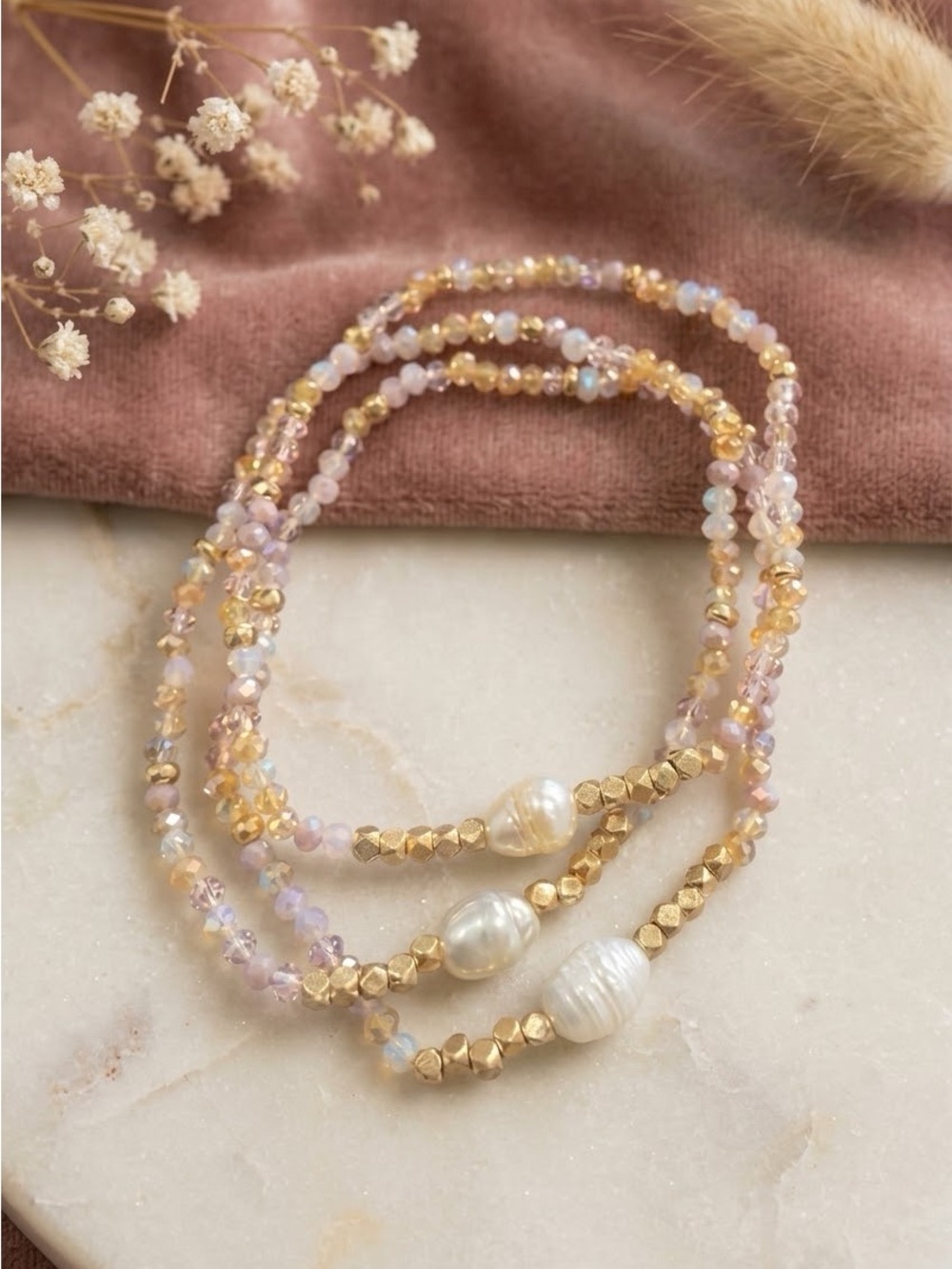 Mandalay & Co. Freshwater Pearl Crystal Bead Stacking Bracelet Set Pink Purple